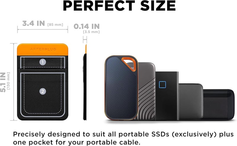 Afterplug 2-Pocket Adhesive Storage Pouch, Laptop Accessory Organizer for SSD, Magic Mouse, Cables, Black and Orange - Image 2